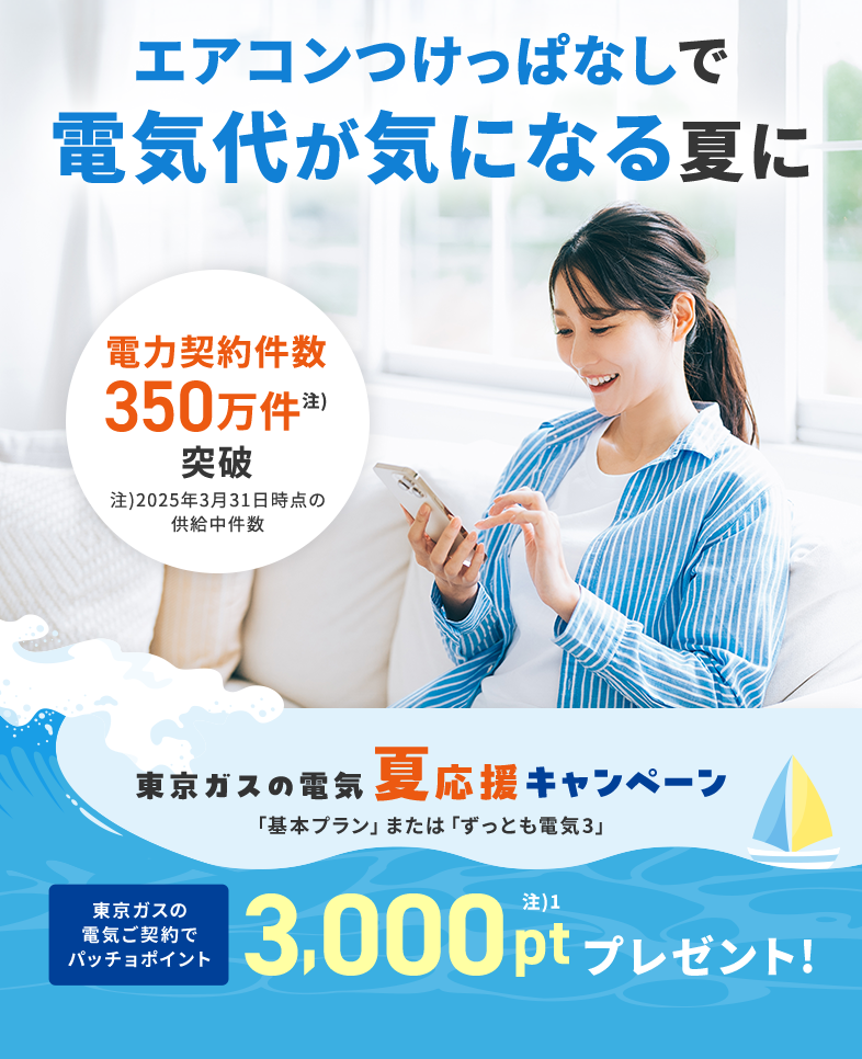 エアコンつけっぱなしで電気代が気になる夏に東京ガスの電気夏応援キャンペーン。基本プランまたはずっとも電気３、東京ガスの電気ご契約でパッチョポイント3000ポイントプレゼント！