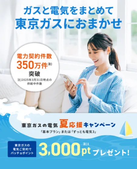 エアコンつけっぱなしで電気代が気になる夏に東京ガスの電気夏応援キャンペーン。基本プランまたはずっとも電気３、東京ガスの電気ご契約でパッチョポイント3000ポイントプレゼント！