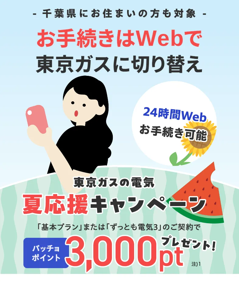 千葉県にお住まいの方・お引越し予定の方も対象！東京ガスの電気夏応援キャンペーン。東京ガスの電気ご契約でパッチョポイント3000ポイントプレゼント！