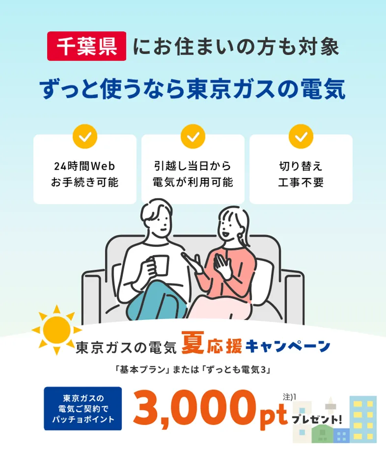 千葉県にお住まいの方・お引越し予定の方も対象！東京ガスの電気夏応援キャンペーン。東京ガスの電気ご契約でパッチョポイント3000ポイントプレゼント！