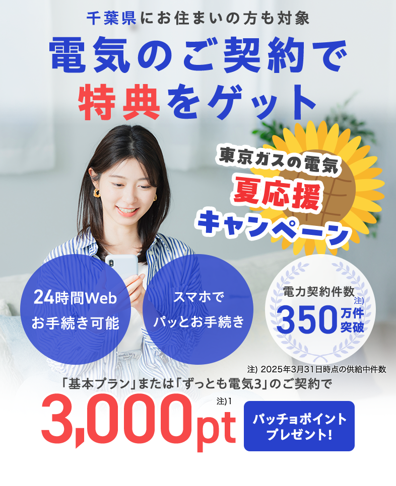 千葉県にお住まいの方・お引越し予定の方も対象！東京ガスの電気夏応援キャンペーン。東京ガスの電気ご契約でパッチョポイント3000ポイントプレゼント！