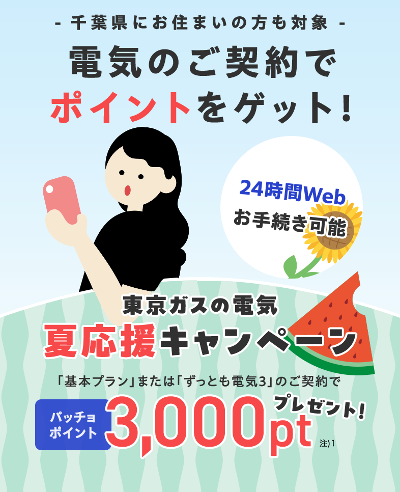 千葉県にお住まいの方・お引越し予定の方も対象！東京ガスの電気夏応援キャンペーン。東京ガスの電気ご契約でパッチョポイント3000ポイントプレゼント！