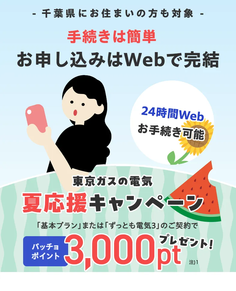 千葉県にお住まいの方・お引越し予定の方も対象！東京ガスの電気夏応援キャンペーン。東京ガスの電気ご契約でパッチョポイント3000ポイントプレゼント！