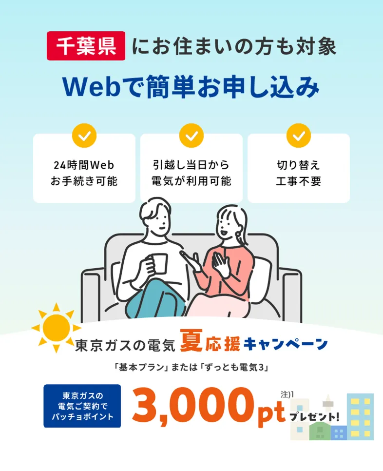 千葉県にお住まいの方・お引越し予定の方も対象！東京ガスの電気夏応援キャンペーン。東京ガスの電気ご契約でパッチョポイント3000ポイントプレゼント！