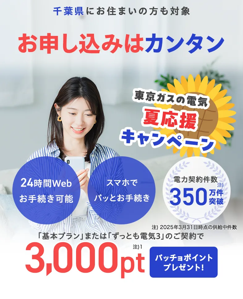 千葉県にお住まいの方・お引越し予定の方も対象！東京ガスの電気夏応援キャンペーン。東京ガスの電気ご契約でパッチョポイント3000ポイントプレゼント！