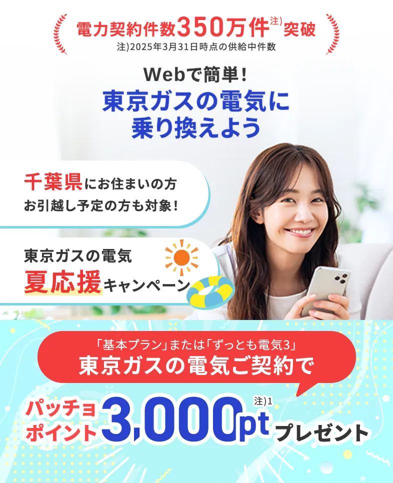 千葉県にお住まいの方・お引越し予定の方も対象！東京ガスの電気夏応援キャンペーン。東京ガスの電気ご契約でパッチョポイント3000ポイントプレゼント！