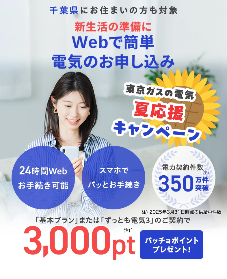 千葉県にお住まいの方・お引越し予定の方も対象！東京ガスの電気夏応援キャンペーン。東京ガスの電気ご契約でパッチョポイント3000ポイントプレゼント！