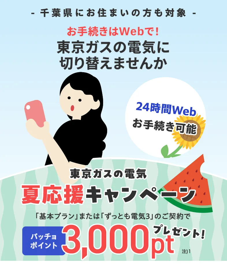 千葉県にお住まいの方・お引越し予定の方も対象！東京ガスの電気夏応援キャンペーン。東京ガスの電気ご契約でパッチョポイント3000ポイントプレゼント！