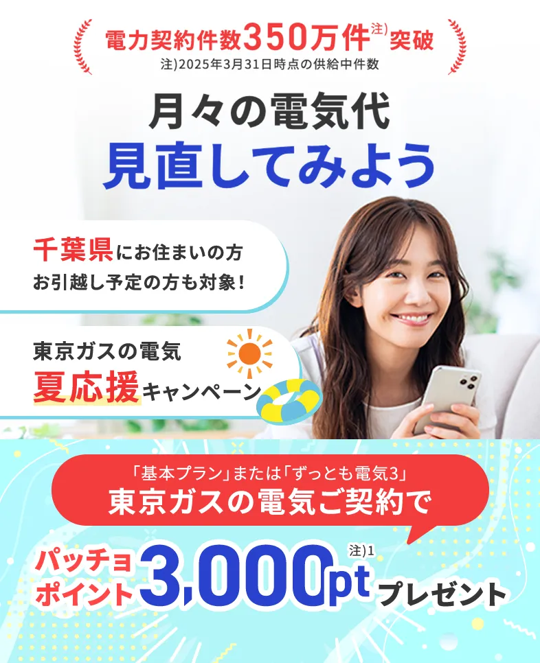 千葉県にお住まいの方・お引越し予定の方も対象！東京ガスの電気夏応援キャンペーン。東京ガスの電気ご契約でパッチョポイント3000ポイントプレゼント！