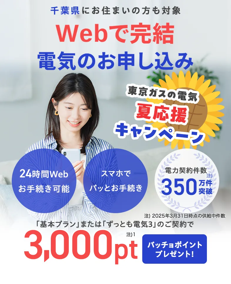 千葉県にお住まいの方・お引越し予定の方も対象！東京ガスの電気夏応援キャンペーン。東京ガスの電気ご契約でパッチョポイント3000ポイントプレゼント！