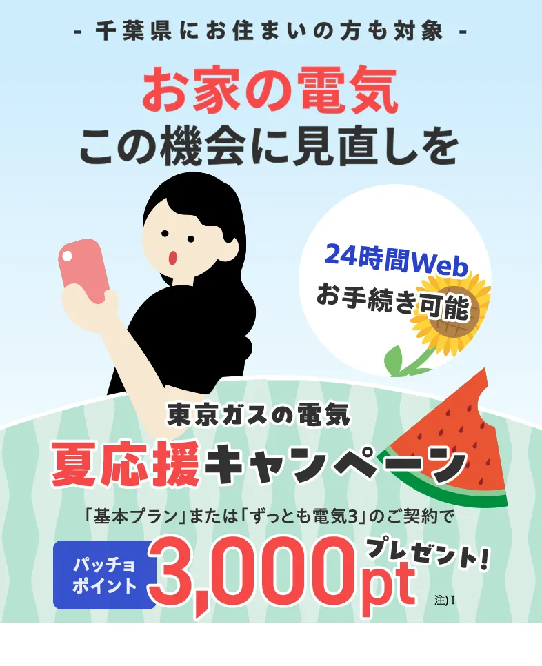 千葉県にお住まいの方・お引越し予定の方も対象！東京ガスの電気夏応援キャンペーン。東京ガスの電気ご契約でパッチョポイント3000ポイントプレゼント！