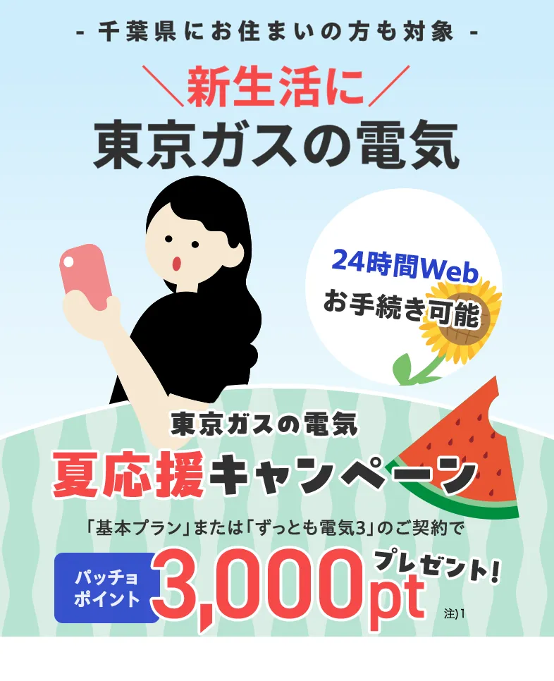 千葉県にお住まいの方・お引越し予定の方も対象！東京ガスの電気夏応援キャンペーン。東京ガスの電気ご契約でパッチョポイント3000ポイントプレゼント！