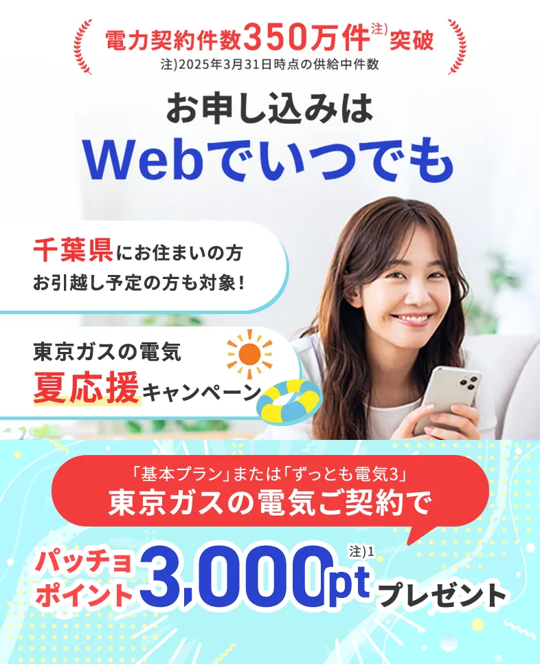 千葉県にお住まいの方・お引越し予定の方も対象！東京ガスの電気夏応援キャンペーン。東京ガスの電気ご契約でパッチョポイント3000ポイントプレゼント！