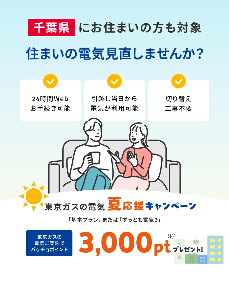 千葉県にお住まいの方・お引越し予定の方も対象！東京ガスの電気夏応援キャンペーン。東京ガスの電気ご契約でパッチョポイント3000ポイントプレゼント！