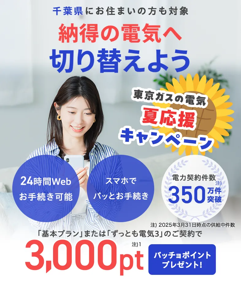 千葉県にお住まいの方・お引越し予定の方も対象！東京ガスの電気夏応援キャンペーン。東京ガスの電気ご契約でパッチョポイント3000ポイントプレゼント！
