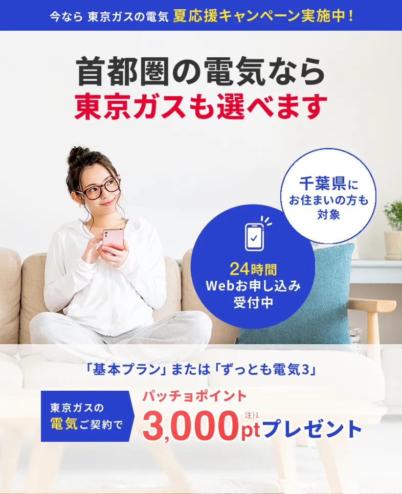 千葉県にお住まいの方・お引越し予定の方も対象！東京ガスの電気夏応援キャンペーン。東京ガスの電気ご契約でパッチョポイント3000ポイントプレゼント！