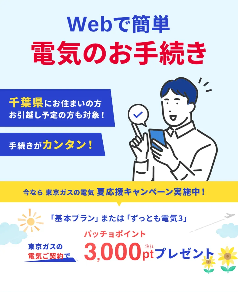 千葉県にお住まいの方・お引越し予定の方も対象！東京ガスの電気夏応援キャンペーン。東京ガスの電気ご契約でパッチョポイント3000ポイントプレゼント！