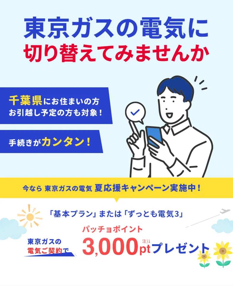 千葉県にお住まいの方・お引越し予定の方も対象！東京ガスの電気夏応援キャンペーン。東京ガスの電気ご契約でパッチョポイント3000ポイントプレゼント！