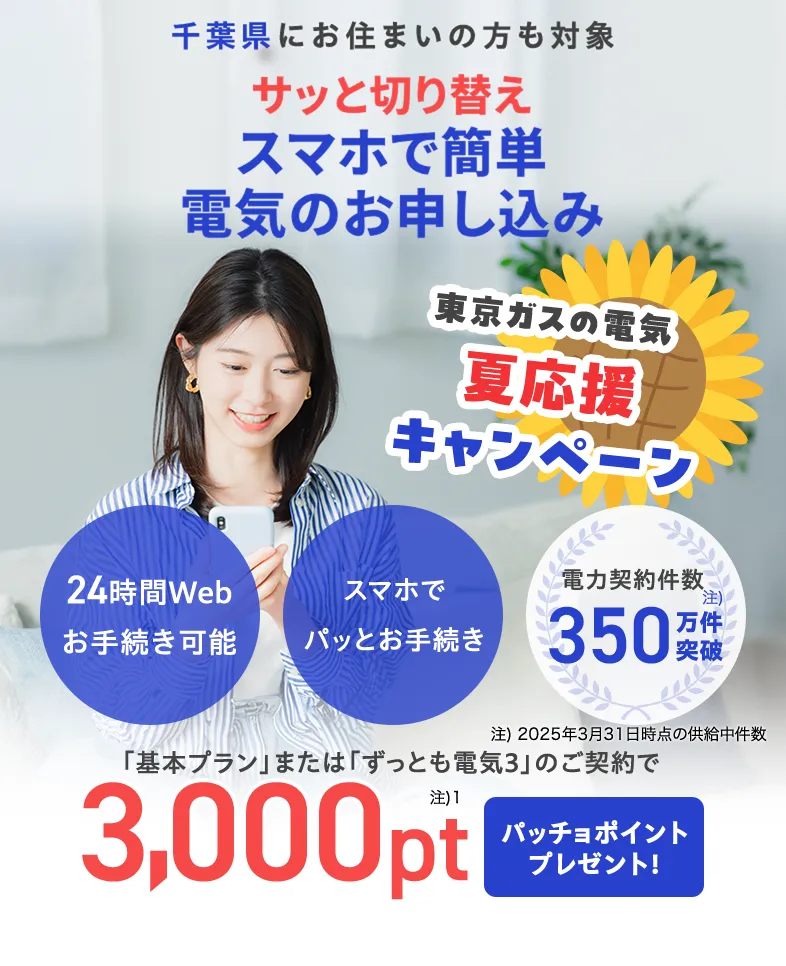 千葉県にお住まいの方・お引越し予定の方も対象！東京ガスの電気夏応援キャンペーン。東京ガスの電気ご契約でパッチョポイント3000ポイントプレゼント！