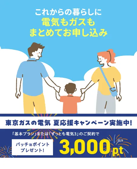 関東の電気なら、東京ガス！！東京ガスの電気夏応援キャンペーン。東京ガスの電気ご契約でパッチョポイント3000ポイントプレゼント！