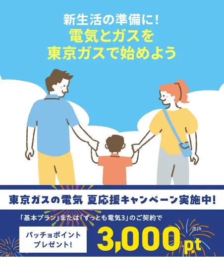 関東の電気なら、東京ガス！！東京ガスの電気夏応援キャンペーン。東京ガスの電気ご契約でパッチョポイント3000ポイントプレゼント！