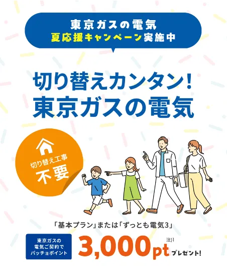 関東の電気なら、東京ガス！！東京ガスの電気夏応援キャンペーン。東京ガスの電気ご契約でパッチョポイント3000ポイントプレゼント！