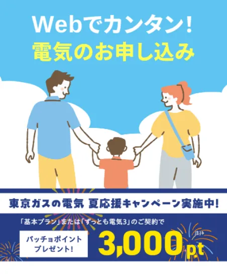 関東の電気なら、東京ガス！！東京ガスの電気夏応援キャンペーン。東京ガスの電気ご契約でパッチョポイント3000ポイントプレゼント！