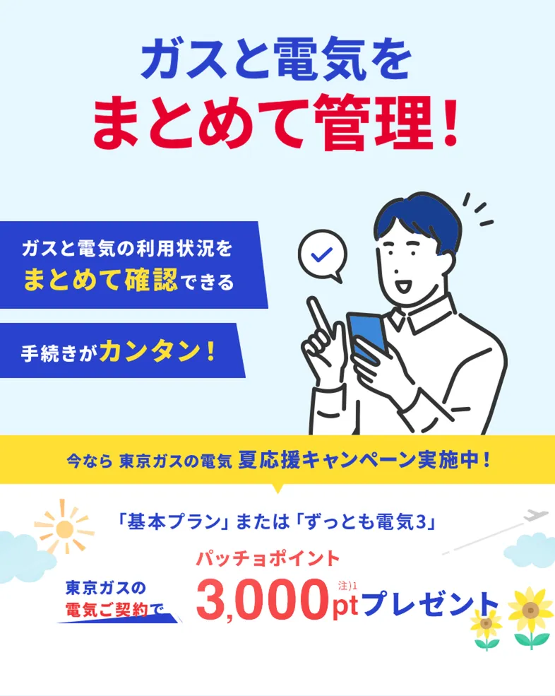 ガスも電気も、東京ガスでまとめよう！東京ガスの電気夏応援キャンペーン。東京ガスの電気ご契約でパッチョポイント3000ポイントプレゼント！