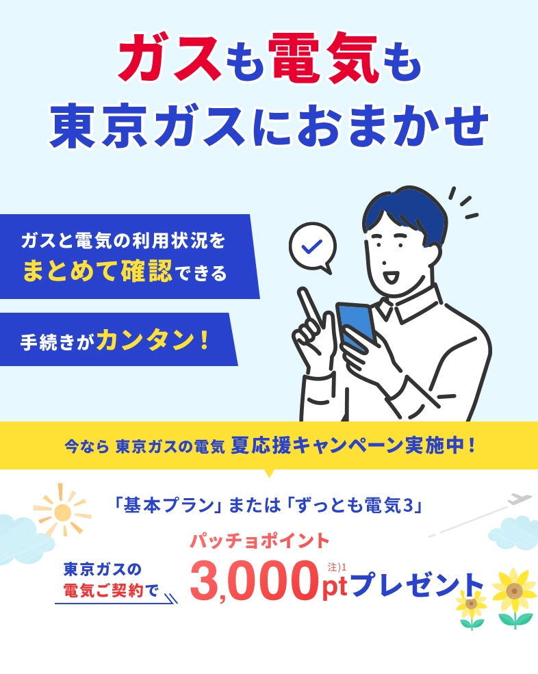 ガスも電気も、東京ガスでまとめよう！東京ガスの電気夏応援キャンペーン。東京ガスの電気ご契約でパッチョポイント3000ポイントプレゼント！