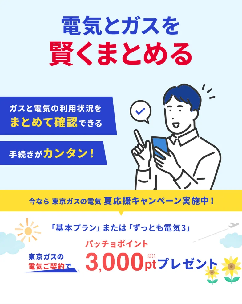ガスも電気も、東京ガスでまとめよう！東京ガスの電気夏応援キャンペーン。東京ガスの電気ご契約でパッチョポイント3000ポイントプレゼント！