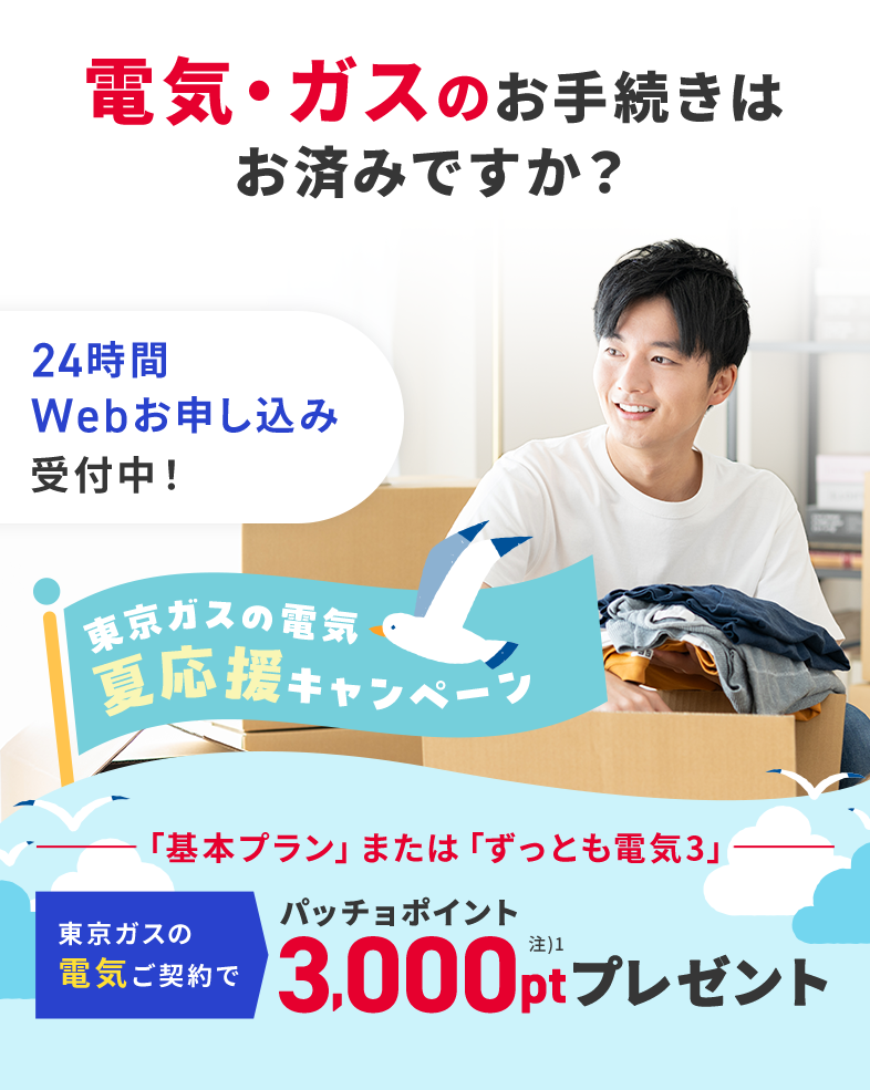 ガスも電気も、東京ガスでまとめよう！東京ガスの電気夏応援キャンペーン。東京ガスの電気ご契約でパッチョポイント3000ポイントプレゼント！