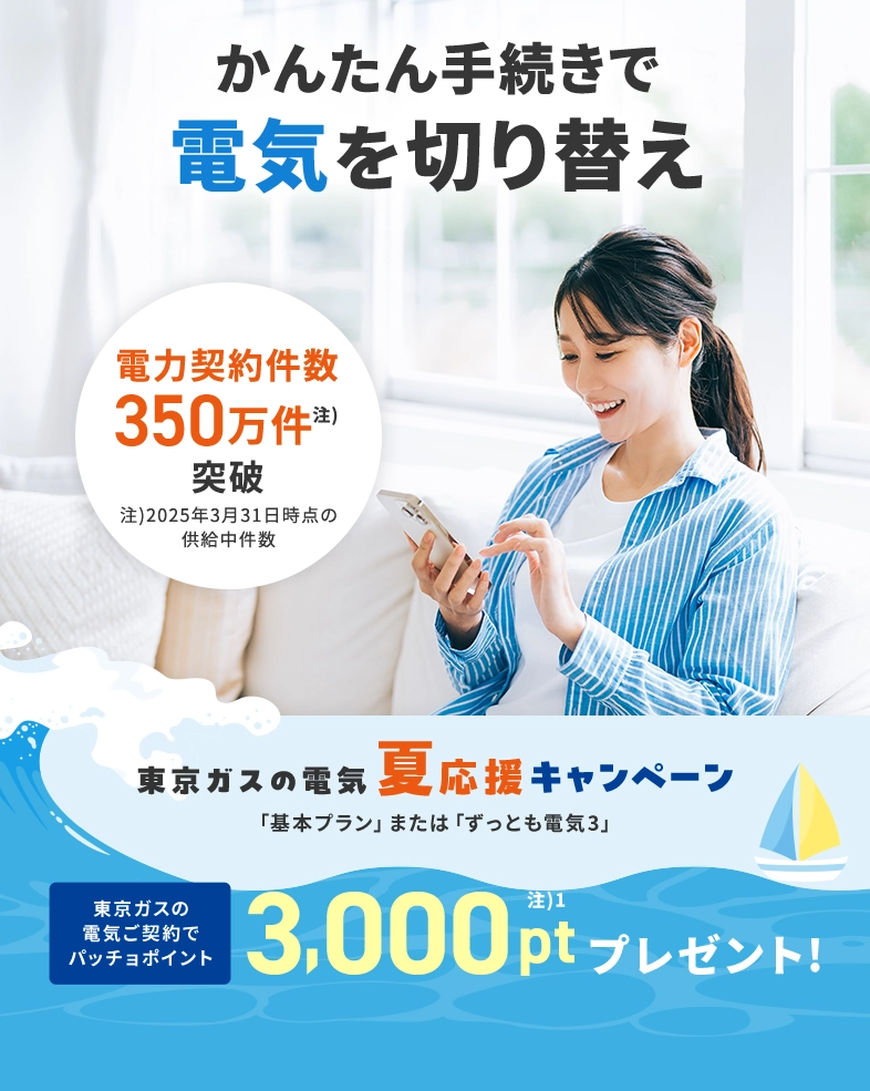 ガスも電気も、東京ガスでまとめよう！東京ガスの電気夏応援キャンペーン。東京ガスの電気ご契約でパッチョポイント3000ポイントプレゼント！