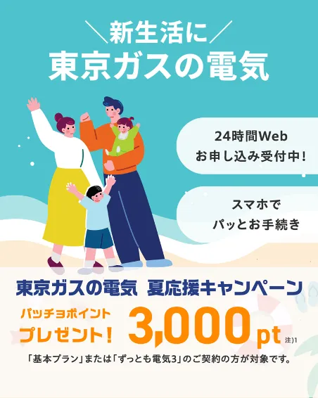 ガスも電気も、東京ガスでまとめよう！東京ガスの電気夏応援キャンペーン。東京ガスの電気ご契約でパッチョポイント3000ポイントプレゼント！
