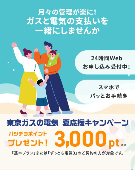 ガスも電気も、東京ガスでまとめよう！東京ガスの電気夏応援キャンペーン。東京ガスの電気ご契約でパッチョポイント3000ポイントプレゼント！