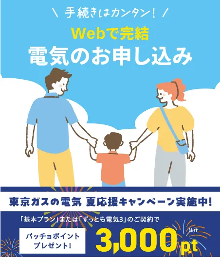ガスも電気も、東京ガスでまとめよう！東京ガスの電気夏応援キャンペーン。東京ガスの電気ご契約でパッチョポイント3000ポイントプレゼント！