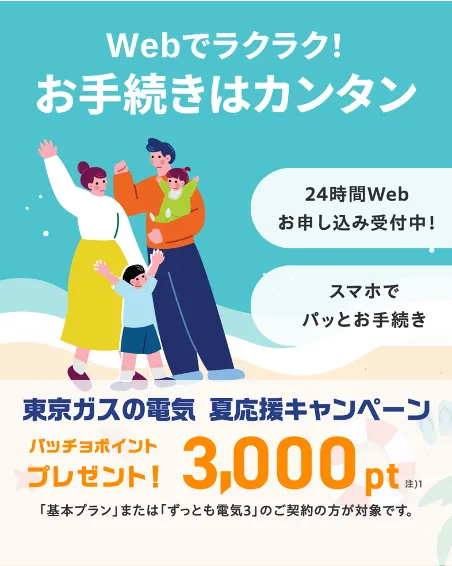 ガスも電気も、東京ガスでまとめよう！東京ガスの電気夏応援キャンペーン。東京ガスの電気ご契約でパッチョポイント3000ポイントプレゼント！