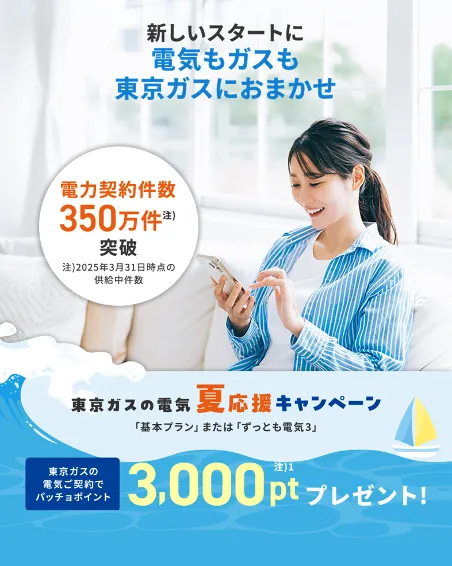 ガスも電気も、東京ガスでまとめよう！東京ガスの電気夏応援キャンペーン。東京ガスの電気ご契約でパッチョポイント3000ポイントプレゼント！