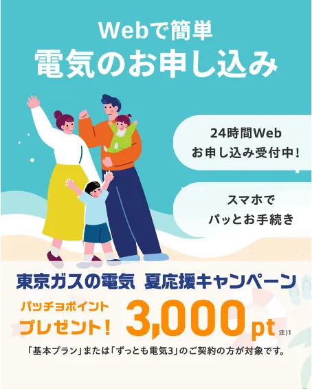 ガスも電気も、東京ガスでまとめよう！東京ガスの電気夏応援キャンペーン。東京ガスの電気ご契約でパッチョポイント3000ポイントプレゼント！