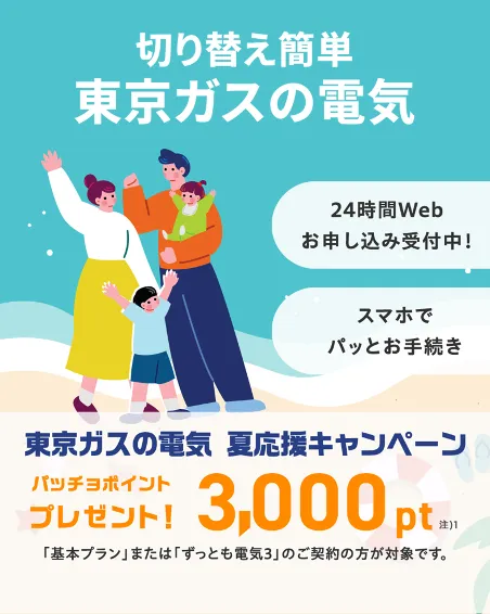 ガスも電気も、東京ガスでまとめよう！東京ガスの電気夏応援キャンペーン。東京ガスの電気ご契約でパッチョポイント3000ポイントプレゼント！