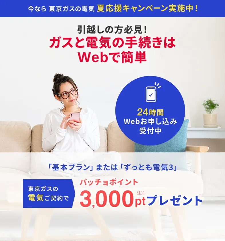 関東のガス会社なら、東京ガス！東京ガスの電気夏応援キャンペーン。東京ガスの電気ご契約でパッチョポイント3000ポイントプレゼント！