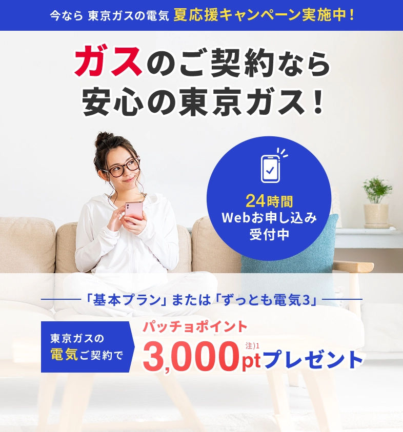 関東のガス会社なら、東京ガス！東京ガスの電気夏応援キャンペーン。東京ガスの電気ご契約でパッチョポイント3000ポイントプレゼント！