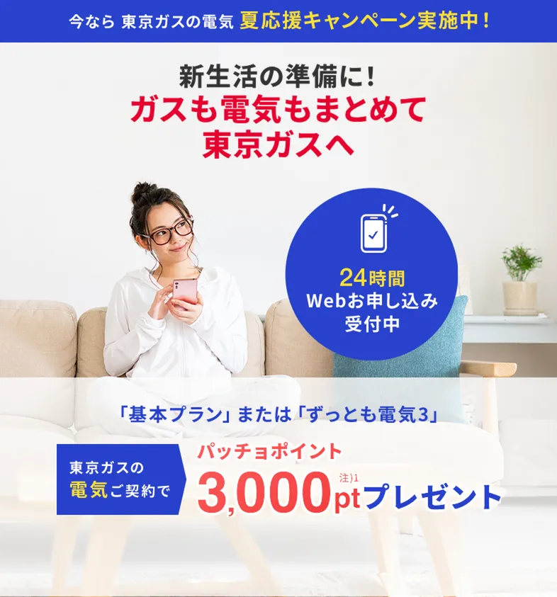 関東のガス会社なら、東京ガス！東京ガスの電気夏応援キャンペーン。東京ガスの電気ご契約でパッチョポイント3000ポイントプレゼント！