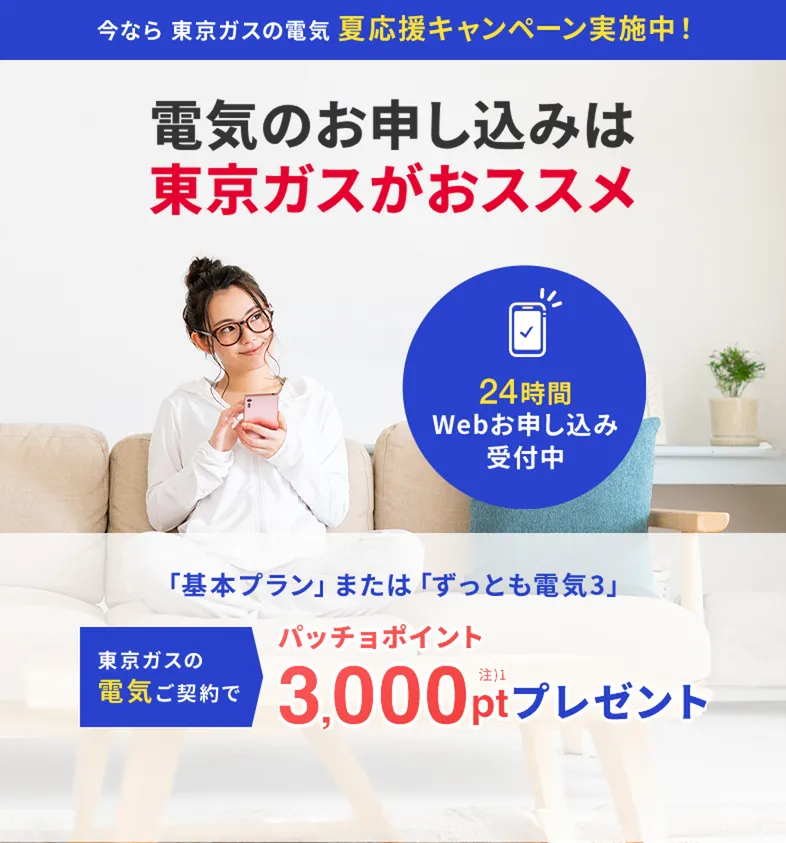 関東のガス会社なら、東京ガス！東京ガスの電気夏応援キャンペーン。東京ガスの電気ご契約でパッチョポイント3000ポイントプレゼント！