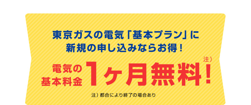 東京ガスの電気「基本プラン」に新規の申し込みならおトク！電気の基本料金1ヶ月無料！注）都合により終了の場合あり
