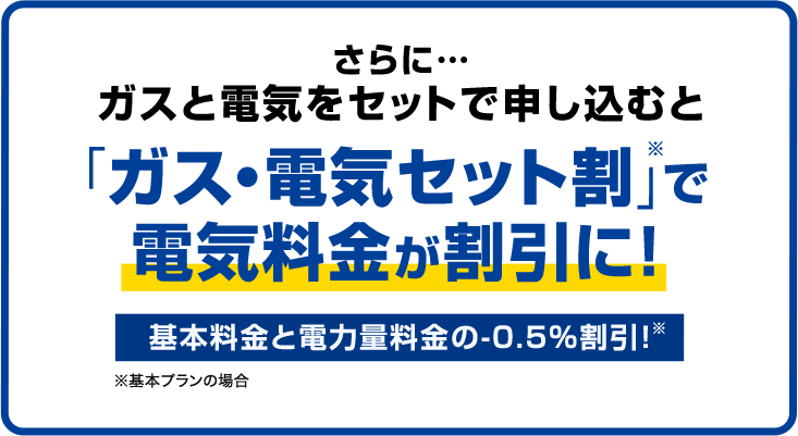 +さらに…ガスと電気をセットで申し込むと 「ガス・電気セット割」※で 電気料金が割引に! 基本料金と電力量料金の-0.5%割引! ※基本プランの場合