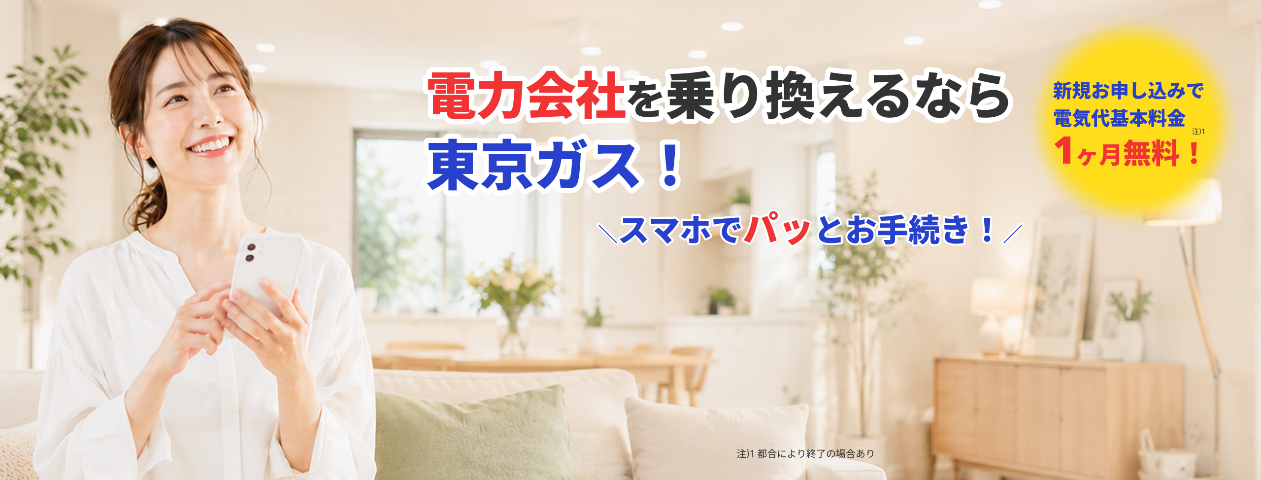 電力会社を乗り換えるなら東京ガス！新規お申し込みで電気代基本料金1ヶ月無料！スマホでパッとお手続き！