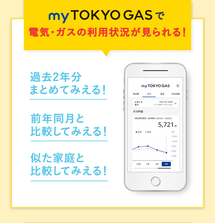 my TOKYOGASで電気・ガスの利用状況が見られる！過去2年分 まとめてみえる！前年同月と 比較してみえる！似た家庭と 比較してみえる！