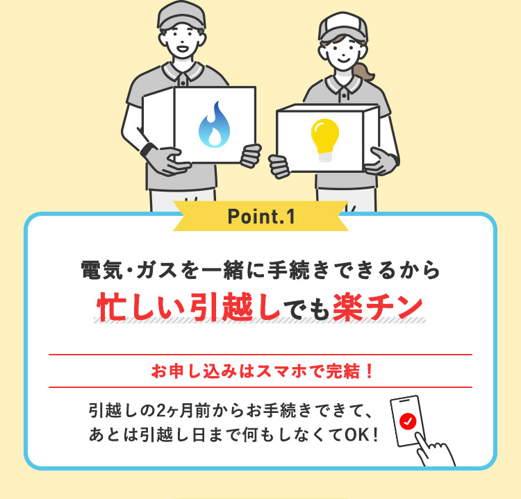 Point.1 電気・ガスを一緒に手続きできるから電気・ガスを一緒に手続きできるから