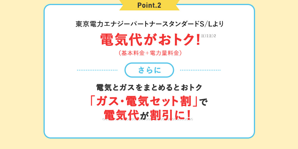 Point.2 電気とガスをまとめるとおトク 「ガス・電気セット割」で電気代が割引に！