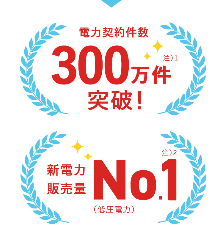 電力契約件数300万件注）1 突破！新電力 販売量No.1注）2 (低圧電力) 注）1 2022年4月19日時点の供給中件数 注）2資源エネルギー庁電力調査統計の電力需要実績」(2024年6月時点)における、みなし小売電気事業者以外の事業者(新電力)での低圧電力の需要実績値